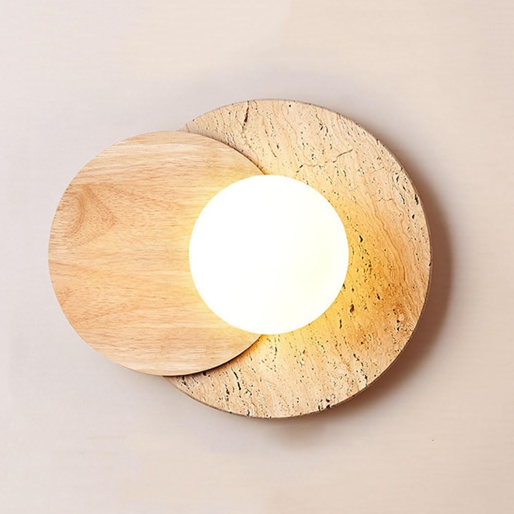 FEITENGDA Mid Century Vintage Travertine Wall Sconce Japanese Circle Stone Wall Lamp with Wooden Accent Creative Round Background Wall Light for External Corridor Study Stairs
