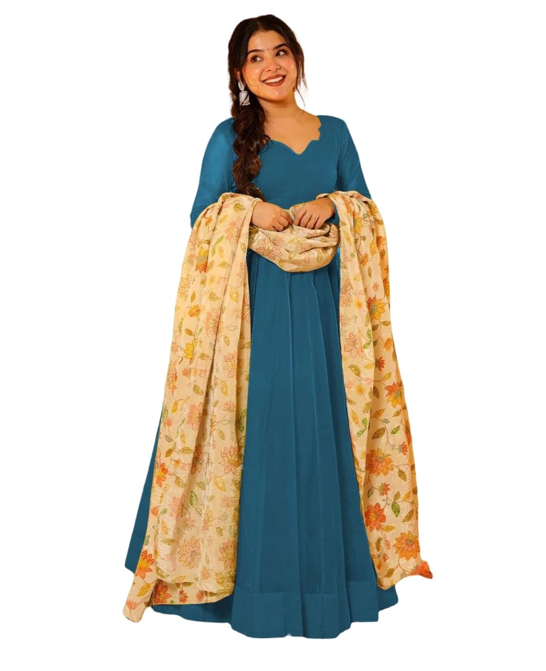 Women's Anarkali Gown with Floral Digital Print Dupatta, Pink & Teal, Teby Silk, V-Neck, Ethnic Wear (in, Alpha, 2XL, Blue)