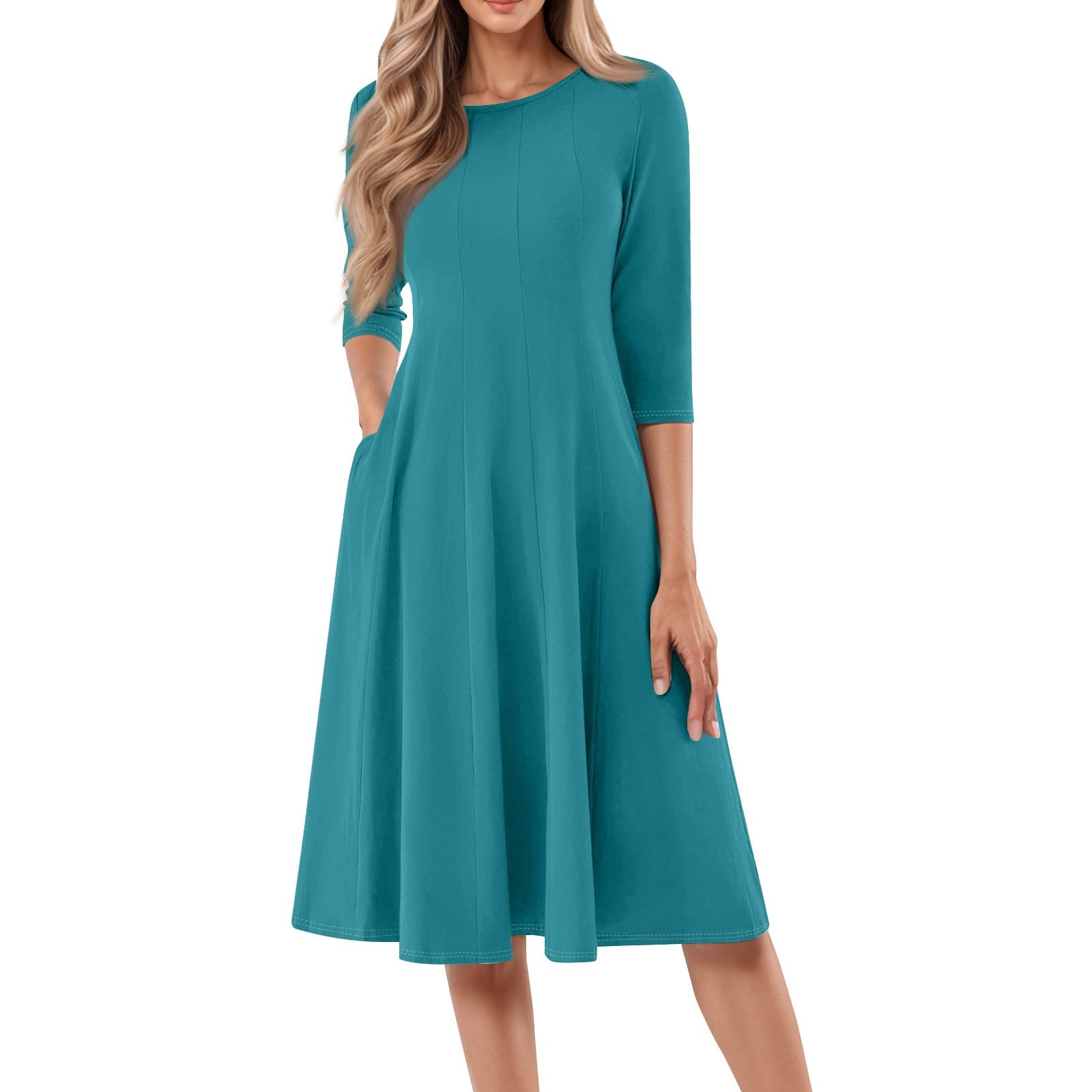 Women's Casual Midi Solid Color Dress A Line 3/4 Sleeve Tunic Dresses Pleated Crew Neck Fashion Loose Fit Wrap Dress