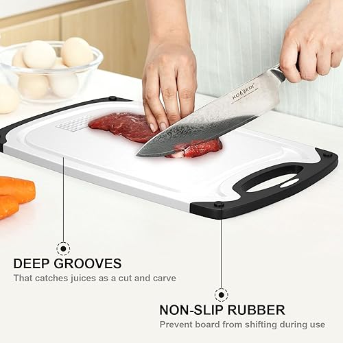 Miniatura 2 de Tabla de cortar de plástico, 3 tablas de cortar aptas para lavavajillas con ranuras para jugo, mango de fácil agarre, antideslizante, con área de