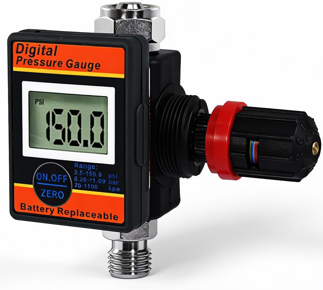 LE LEMATEC Digital Air Pressure Regulator with Locking Valve for Air Slip Prevention, 1/4 NPT Inline Airflow Regulator Up to 160 PSI for Air Compressor, HVLP Spray Paint Gun & Pneumatic Tools (DAR03B)