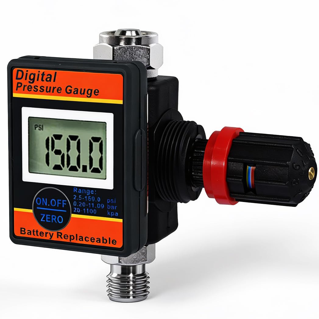 LE LEMATEC Digital Air Pressure Regulator with Locking Valve for Air Slip Prevention, 1/4 NPT Inline Airflow Regulator Up to 160 PSI for Air Compressor, HVLP Spray Paint Gun & Pneumatic Tools (DAR03B)