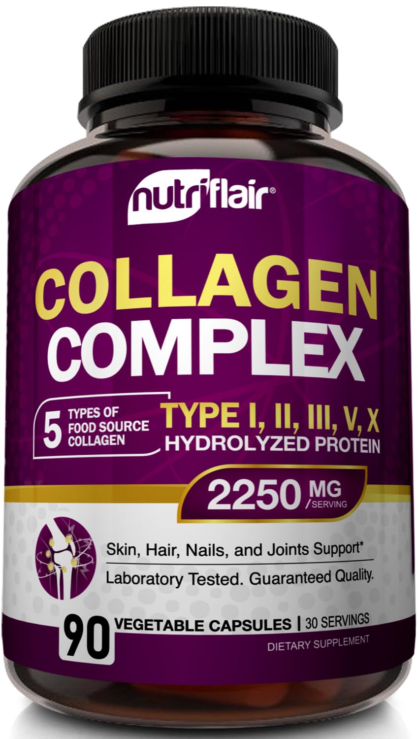 NutriFlair Multi Collagen Peptides 2250mg 90 Capsules - Type I II III V X - Collagen Supplements Complex