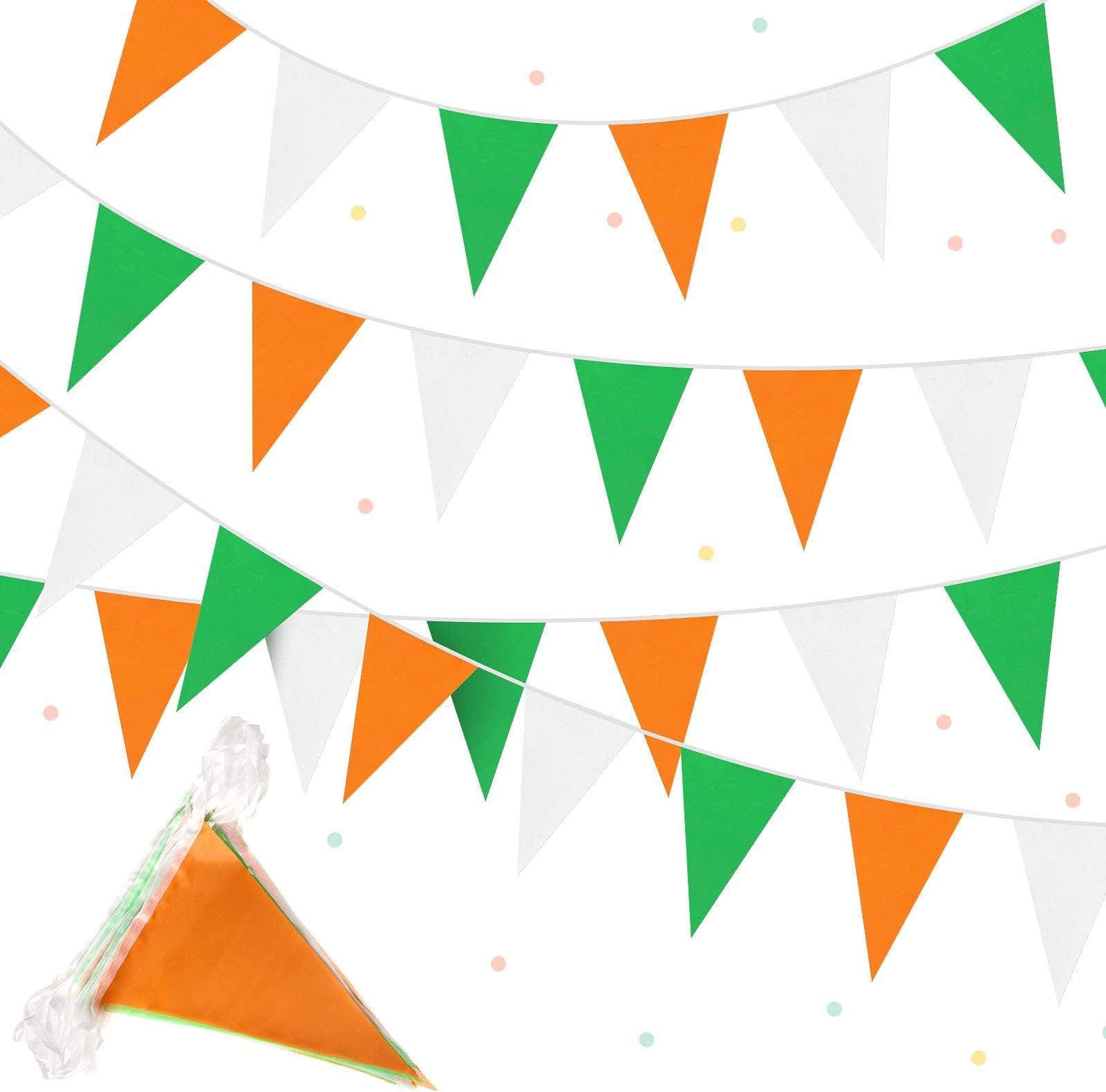 Boao St. Patrick's Day Pennant Banner 10m x 3.6m Triangular Irish Garland Green, Orange, White Polyester Banner for Indoor/Outdoor Party Celebration