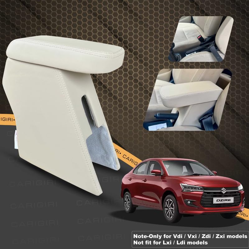 Image of Carigiri Premium Finish Car Armrest with Storage Box And High Density Moulded Foam For Maruti Suzuki Dzire (Models-2024-25)(ONLY FOR VXI,VDI /ZXI,ZDI /ZXI+ MODELS) (Beige with Beige Seam,Nappa Leather)