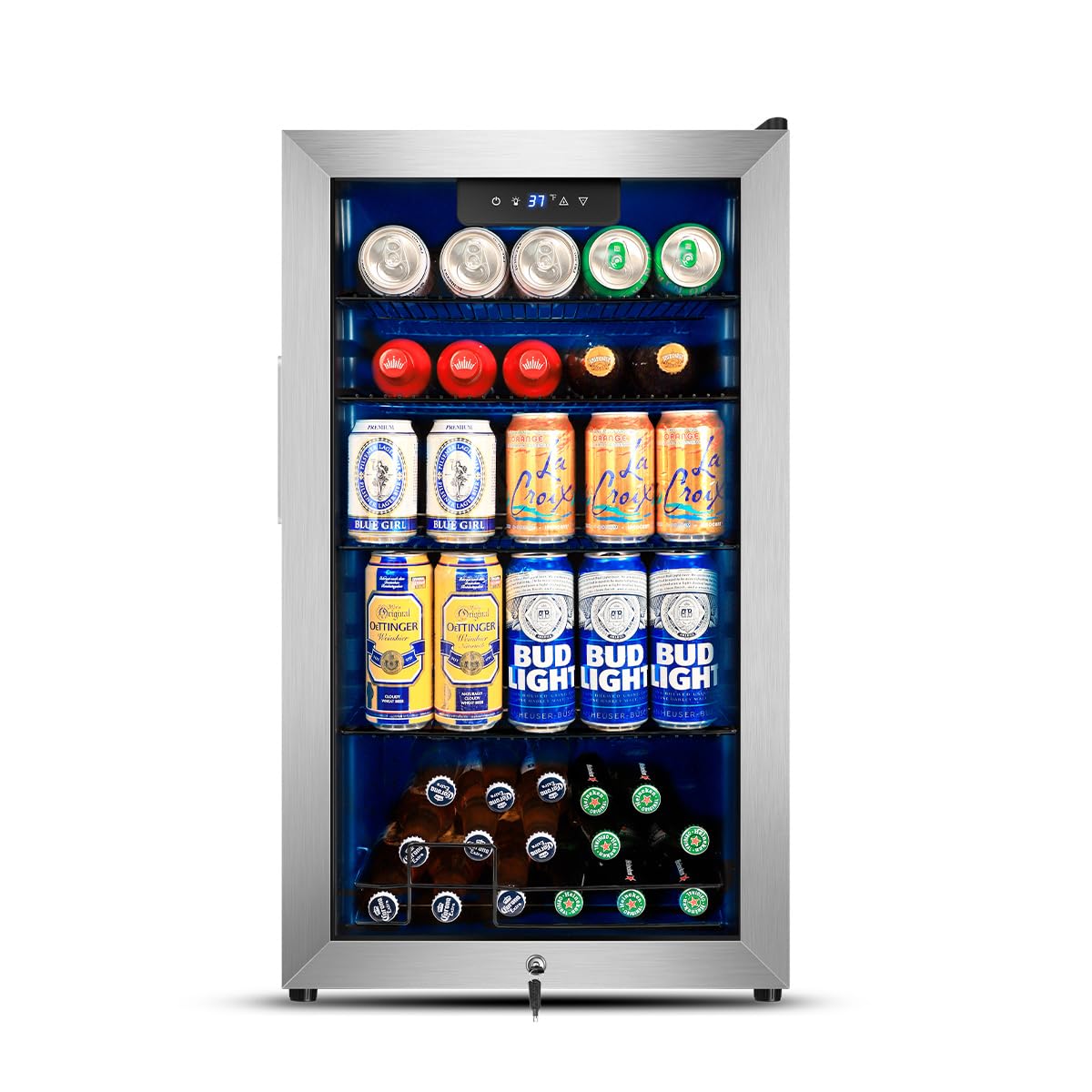 Tylza Beverage Refrigerator Cooler, 130 Cans 3.22 Cu.Ft Small Refrigerator with Low-E Glass Door, Lock, 17-Inch Beer Fridge for Drinks, Beer and Wine, Mini Fridge for Bedroom, Office and Bar, Silver
