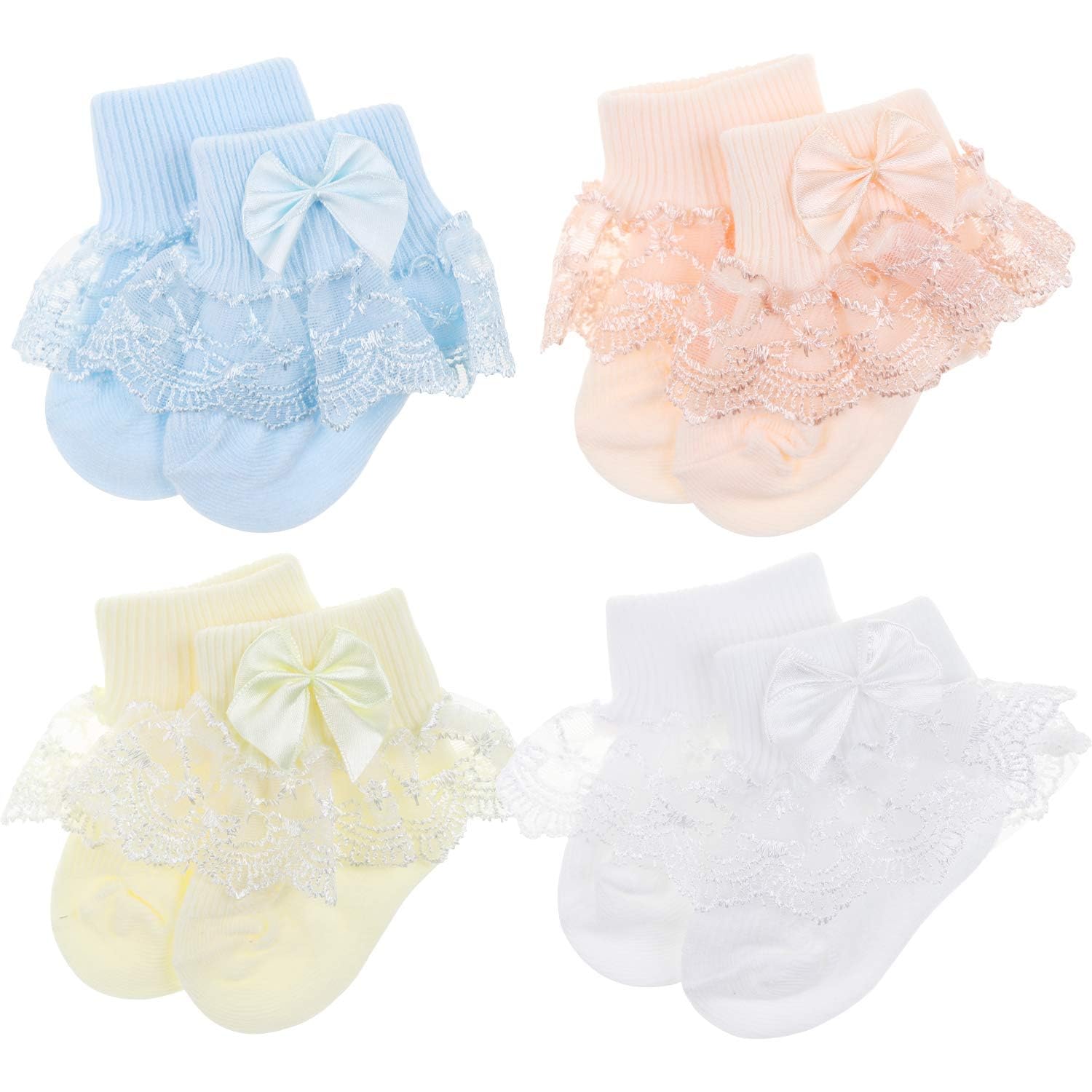 Parlberd4 Pairs Baby Girls Frilly Socks, Baby Girls Socks Eyelet Ruffle Lace Sock, 12-36 Months Toddlers Frilly Summer Thin Dress Sock