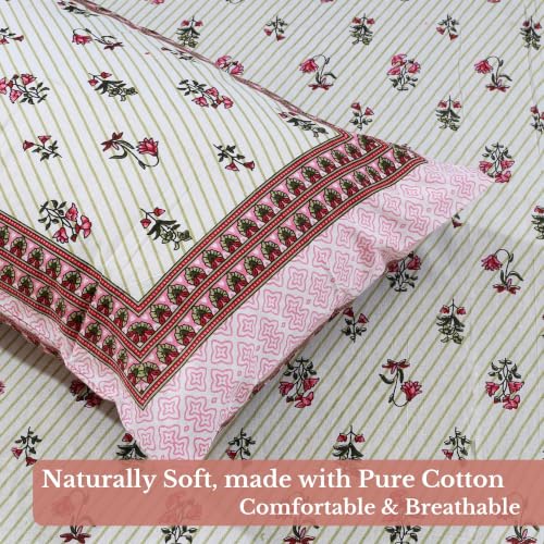 Image of Jaipur Weaves Jaipuri Double Bed Cotton Bedsheet Queen Size 90x85, 120 TC 100% Pure Cotton Bed Sheet with 2 Pillow Covers, Floral Traditional Print (Red Motifs, Double)