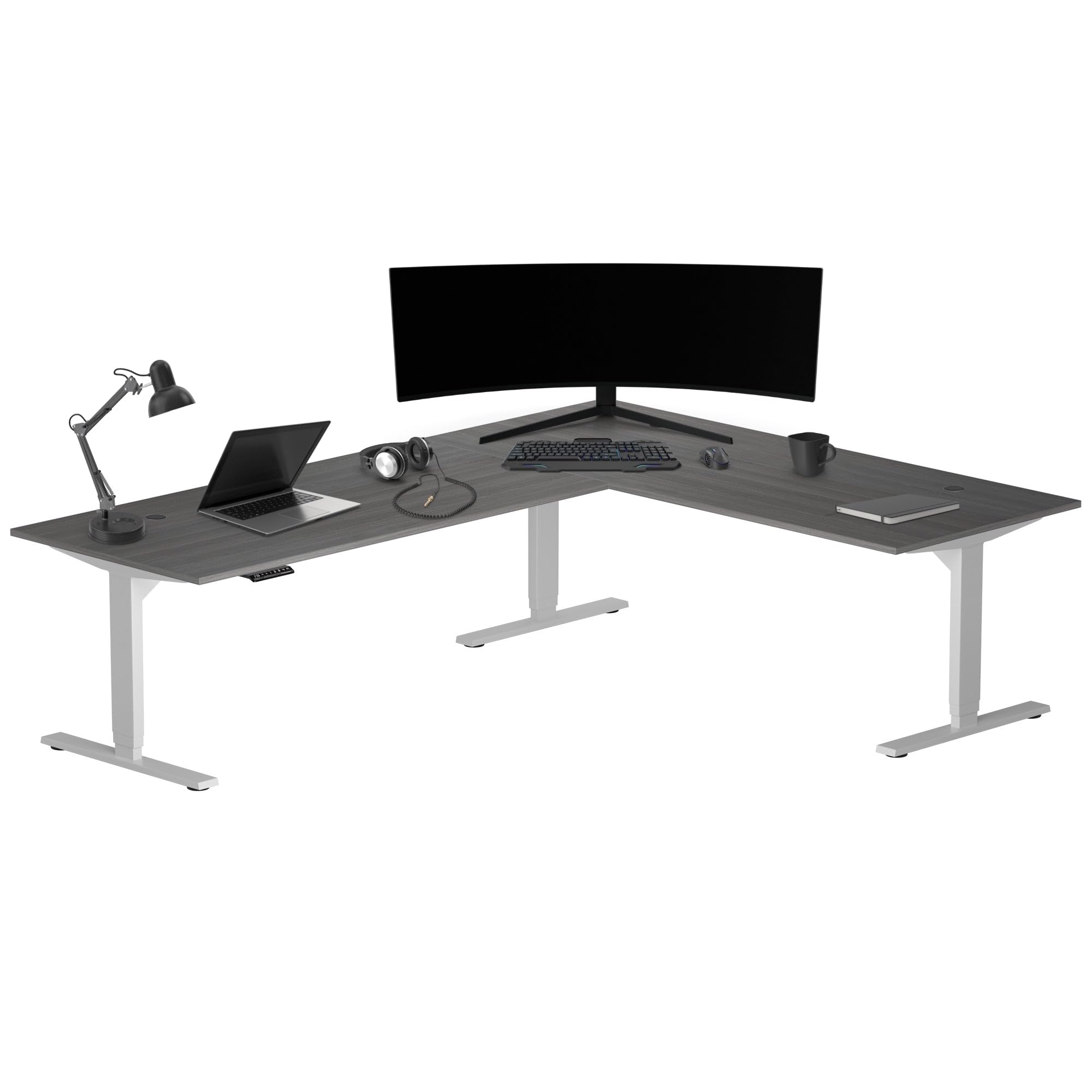 Progressive Desk Stand Up Height Adjustable Standing Desk - L Shaped 85" x 72" Corner Computer Rising Workstation Electric Table - Gray Frame, Gray