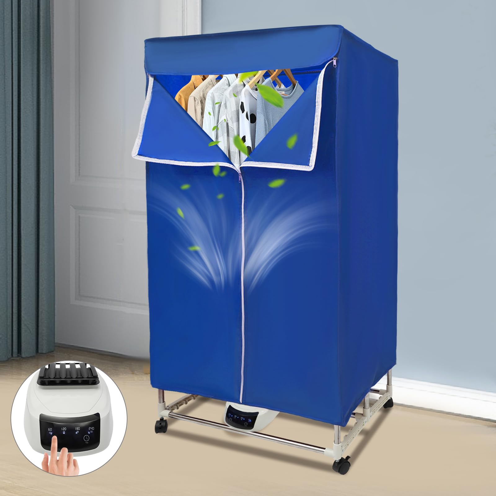 Mini Trockner 1500W Kleinwäschetrockner 4 Programme 70℃ Tragbare Trockenmaschine mit 4 Räder Überhitzungsschutz Blau