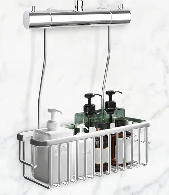 Estante de Ducha sin Taladros, Cesta de Baño con Ganchos en Plata