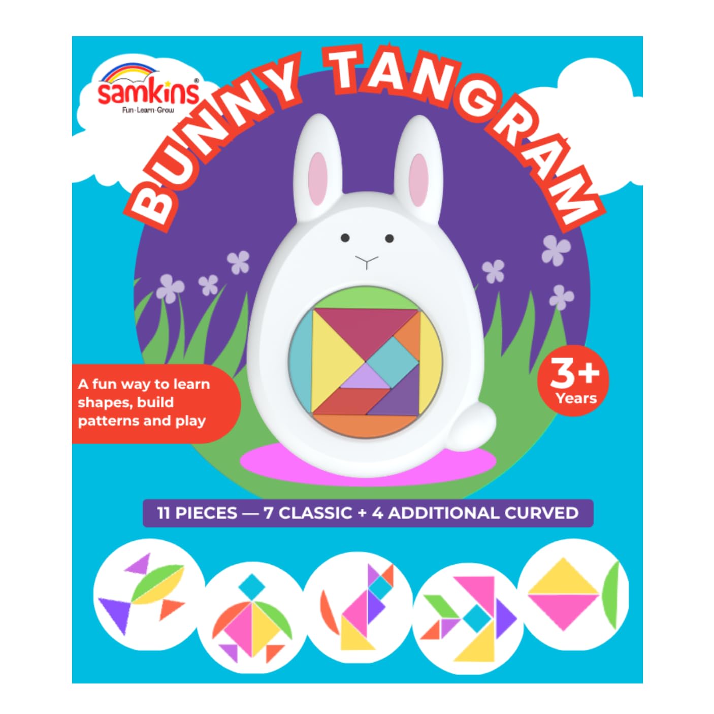 Samkins 11 Piece Tangram Puzzle for Kids Aged 3-10 Years - Educational STEM & Brain Teaser Toy | Montessori Shape Puzzle with 7 Classic + 4 Curved Pieces | Build 50+ Animals & Objects