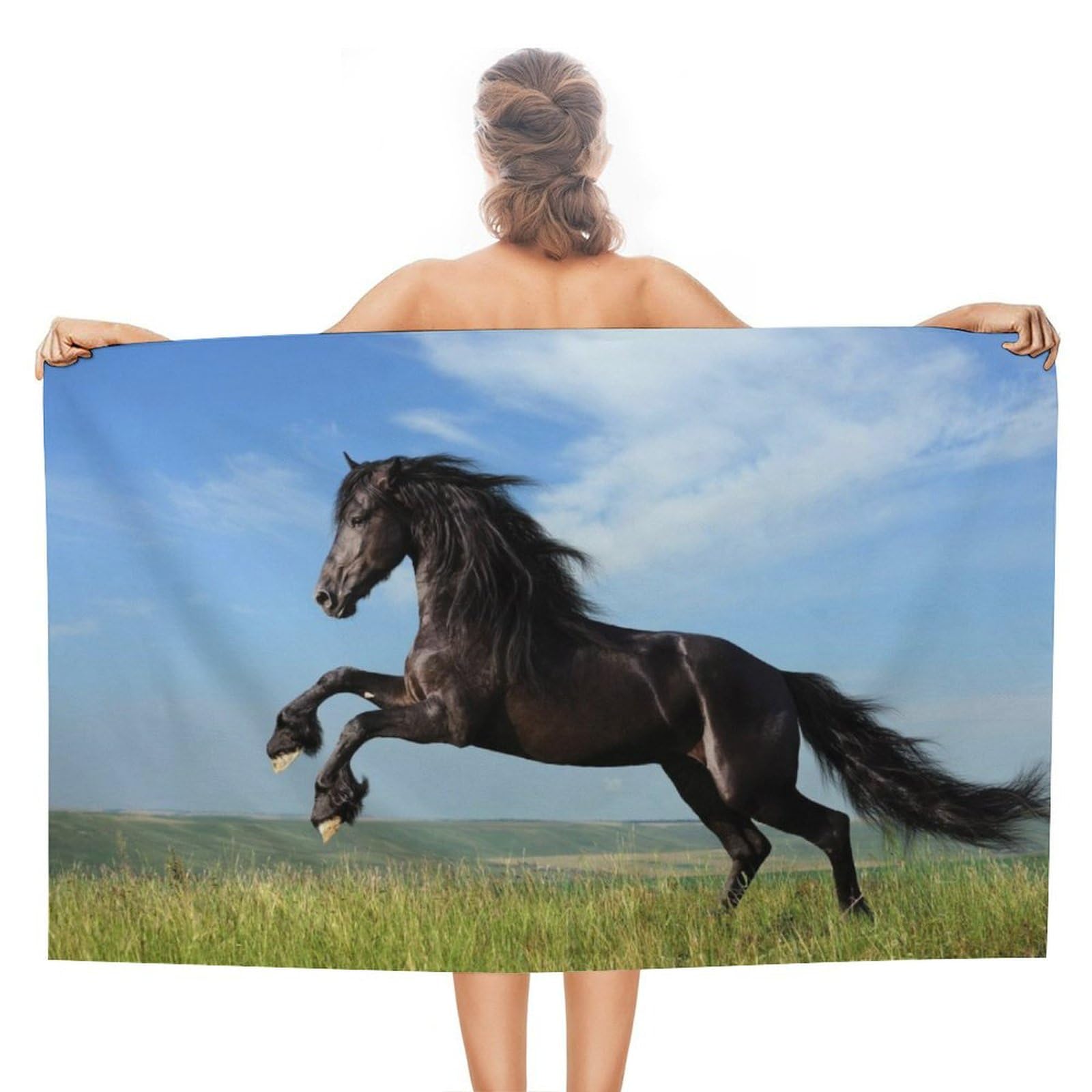 LEDFCVSU Beach Towel, Black Horse Bath Towel, Absorbent Towel for Swimming, Sports, Travel