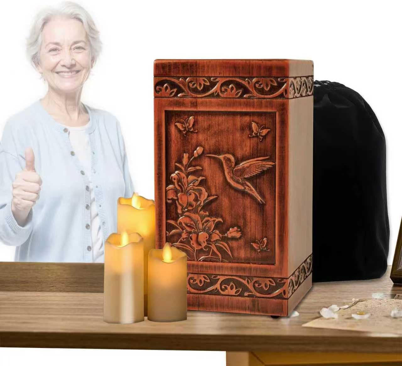 Wooden Urn for Ashes Adult Male Female,Decorative Burial Funeral Memorial Urn, Burial Casket Keepsake with Velvet Bag (Brown, 10, Hummingbird)