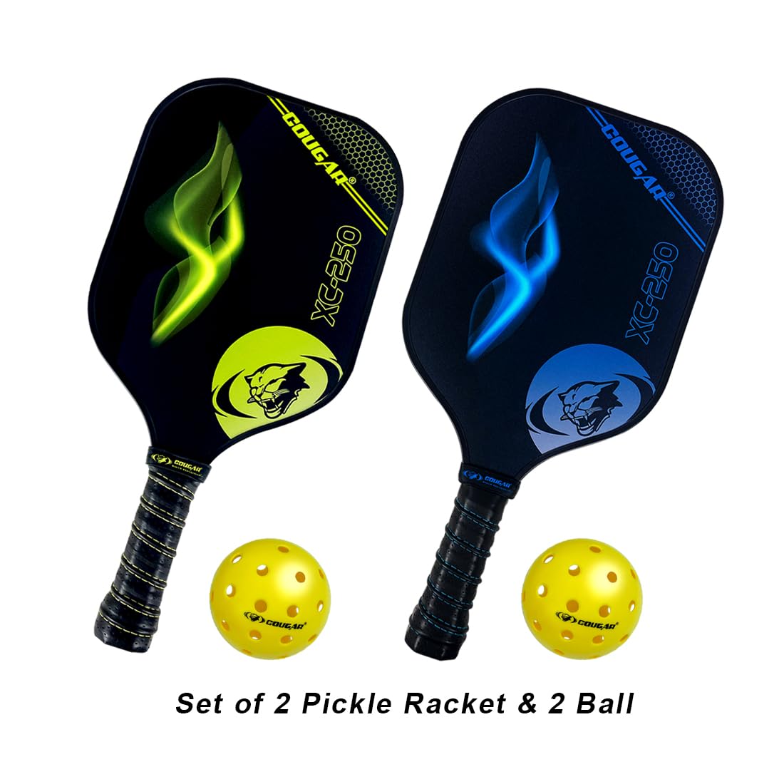 COUGAR Carbon Fibre Pickleball Paddle,(XC-250) Polypropylene Honeycomb Core, 19 mm Thickness, Premium Grip, 225g, 2 Paddle & 2 Performance Balls with Carry Bag