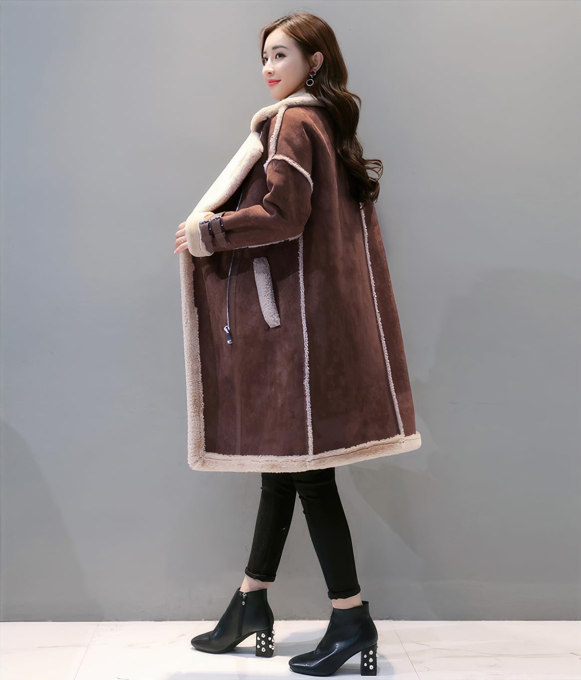 Women’s Brown Genuine Suede Sherpa Shearling Faux Fur Lined Double Breasted Warm Thick Long Winter Fashion Leather Coat