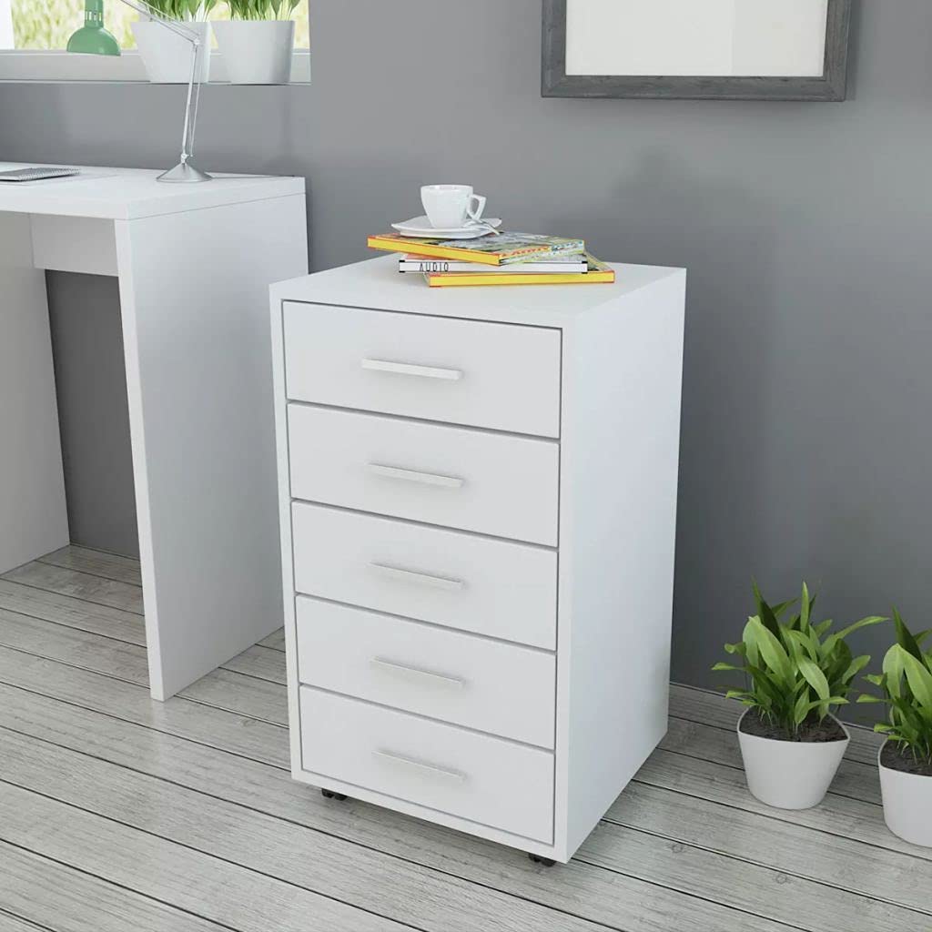 Cajonera de Oficina con 5 Cajones, Armario Rodante con Ruedas con Frenos, Almacenamiento para Documentos y Accesorios, Color Blanco, 33x38x63 cm, Madera de Ingeniería y MDF, Capacidad Máx. 40 kg