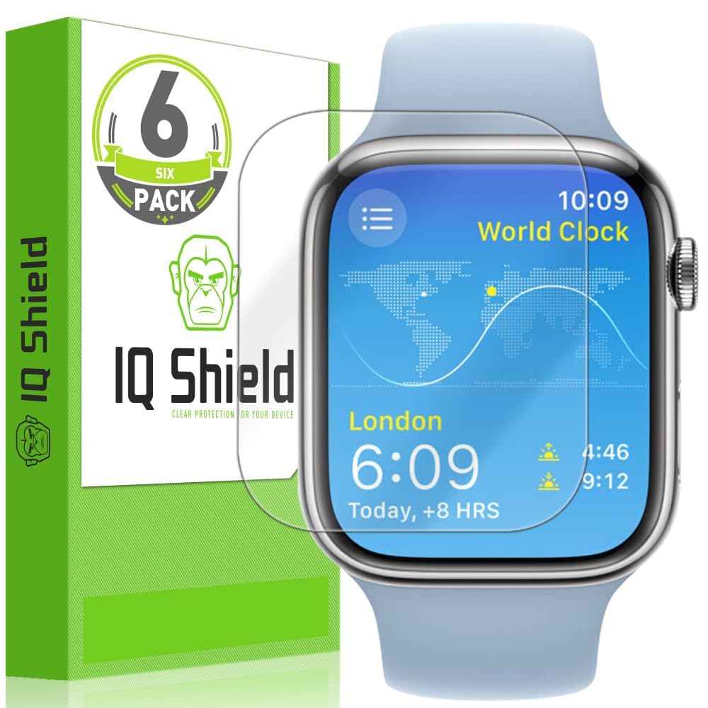 IQShield Lot de 6 films protecteurs d'écran en TPU transparent anti-bulles pour Apple Watch Series 9/8/7 (45 mm)