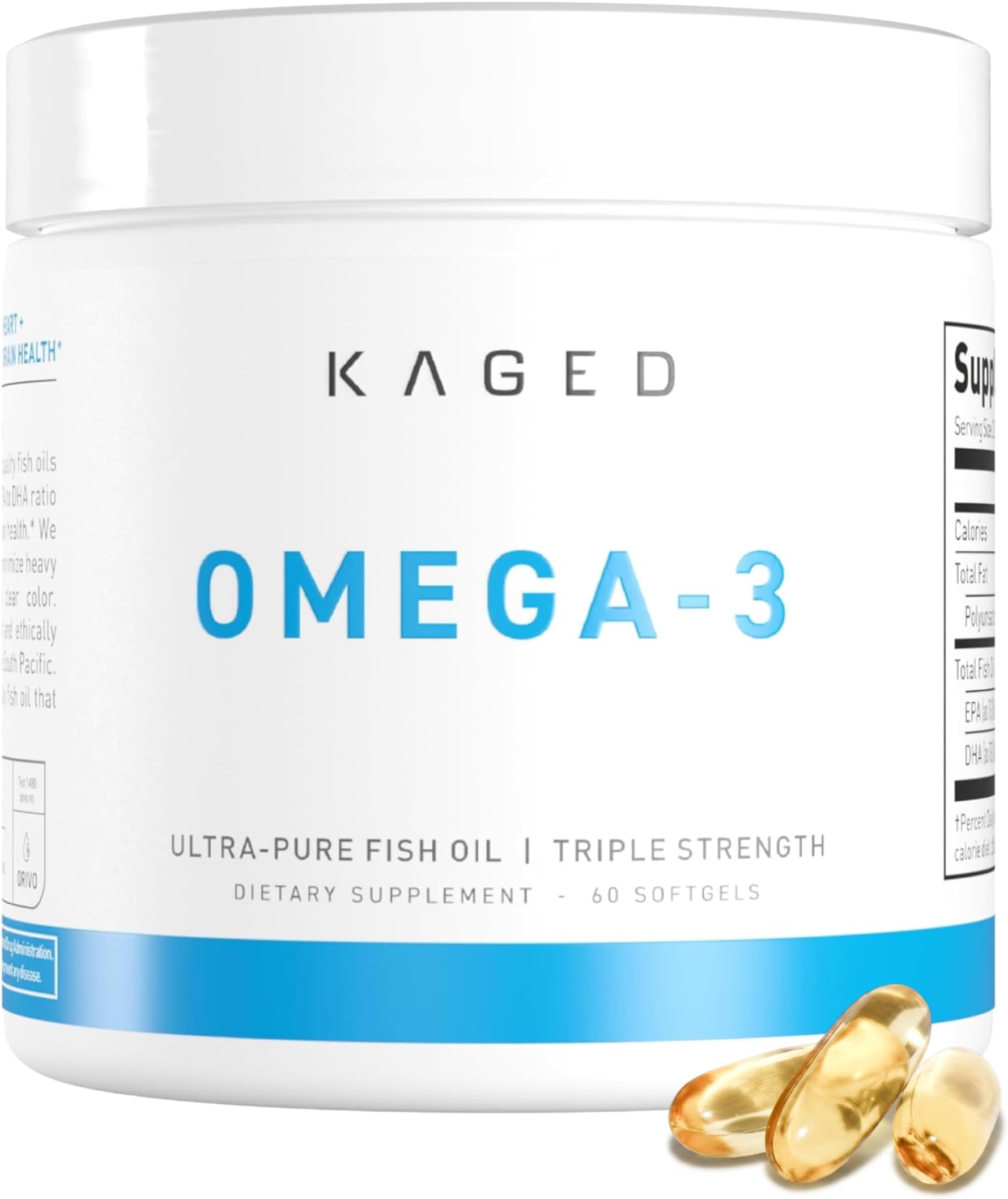Kaged Muscle Omega 3 Fish Oil Supplements; 3000mg Omega 3 Fatty Acid Supplements with EPA & DHA Ultra-Pure No Fish Burps 60 Softgels