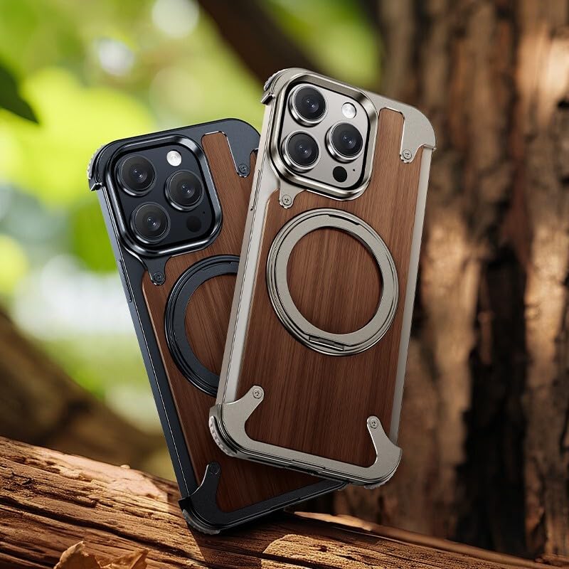 Coque iPhone 15 Pro Max en bois véritable et titane avec support 360
