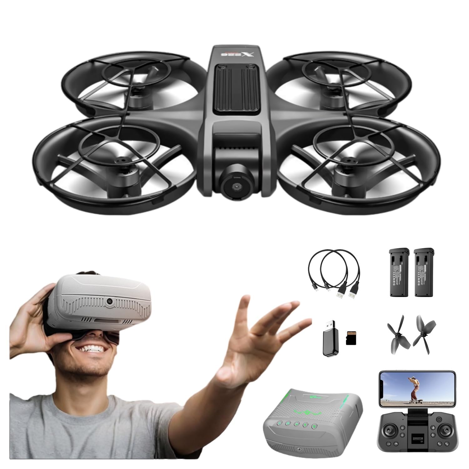 Photo 1 of VR FPV Drone, Experience First-Person View Flight, Comes With a VR Goggle Kit and Remote Controller. The Drone Features a Full Propeller Protection Guard and Collision-Resistant Structure, Making It Easy to Operate and Perfect for Beginners. Equipped With
