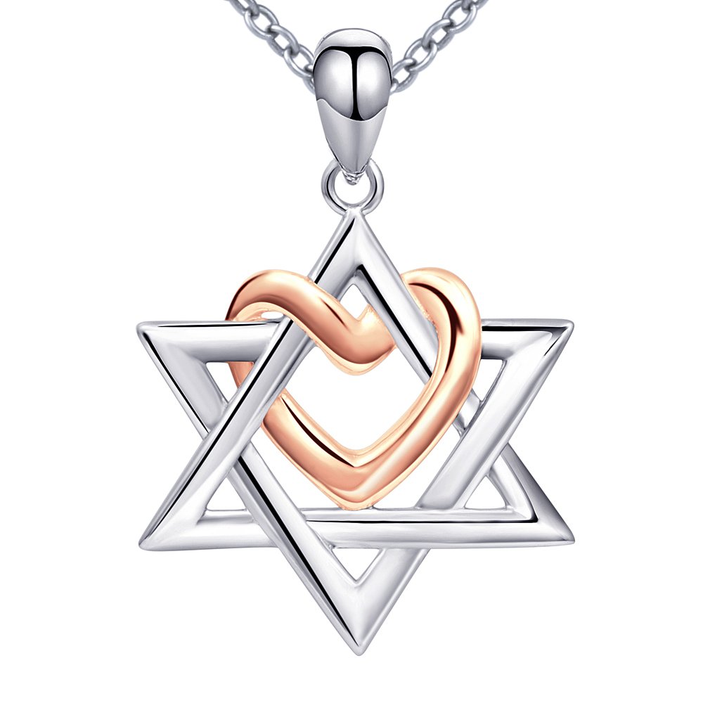 Apotie Sterling 925 Silver Love Heart Rose Gold Six Point Star of David Pendant Necklace Gift Jewish Jewelry for Women or Girls