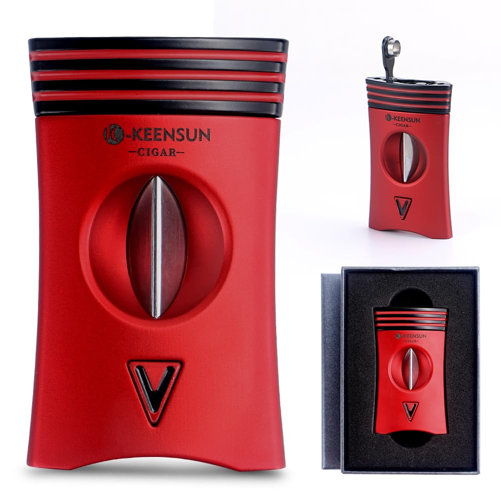 KEENSUN 3-in-1 Zinc Alloy V-Cut Cigar Cutter (Red) with Cigar Holder on The Back and Cigar Punch at The Bottom, 60 Ring Gauge
