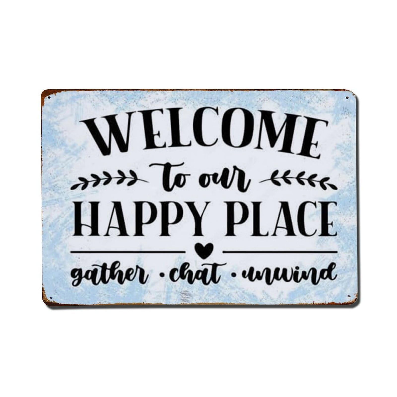 Rkundrne Vintage Welcome To Our Happy Place Metal Tin Sign Garden Bedroom Cafe Bar Man Cave Home Wall Decor Metal Poster 8X12 In