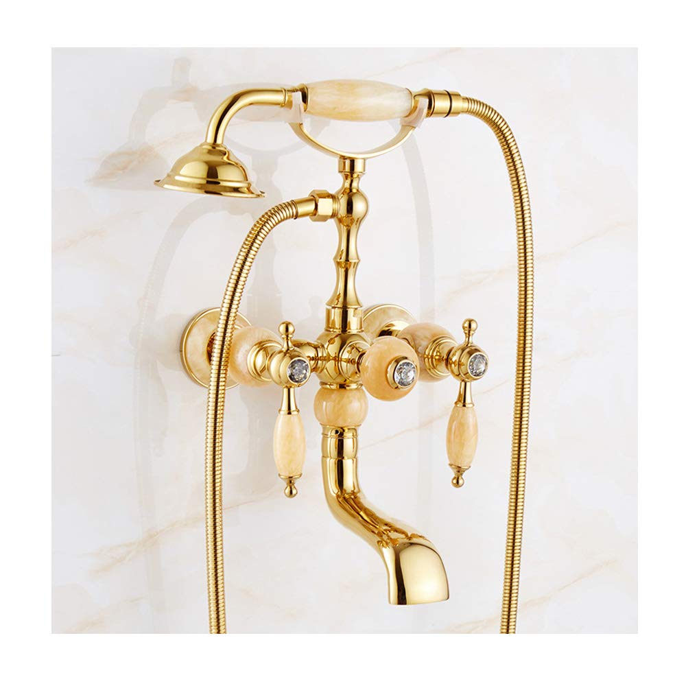 GLJTUO Wall Mounted Crystal Rotatable Bathtub Faucet with Handheld Shower, Brass Gold Bathtub Faucet Shower Cold and Hot Bathtub Mixer Tap for Bathroom, Hotel,Topaz,Sapphire