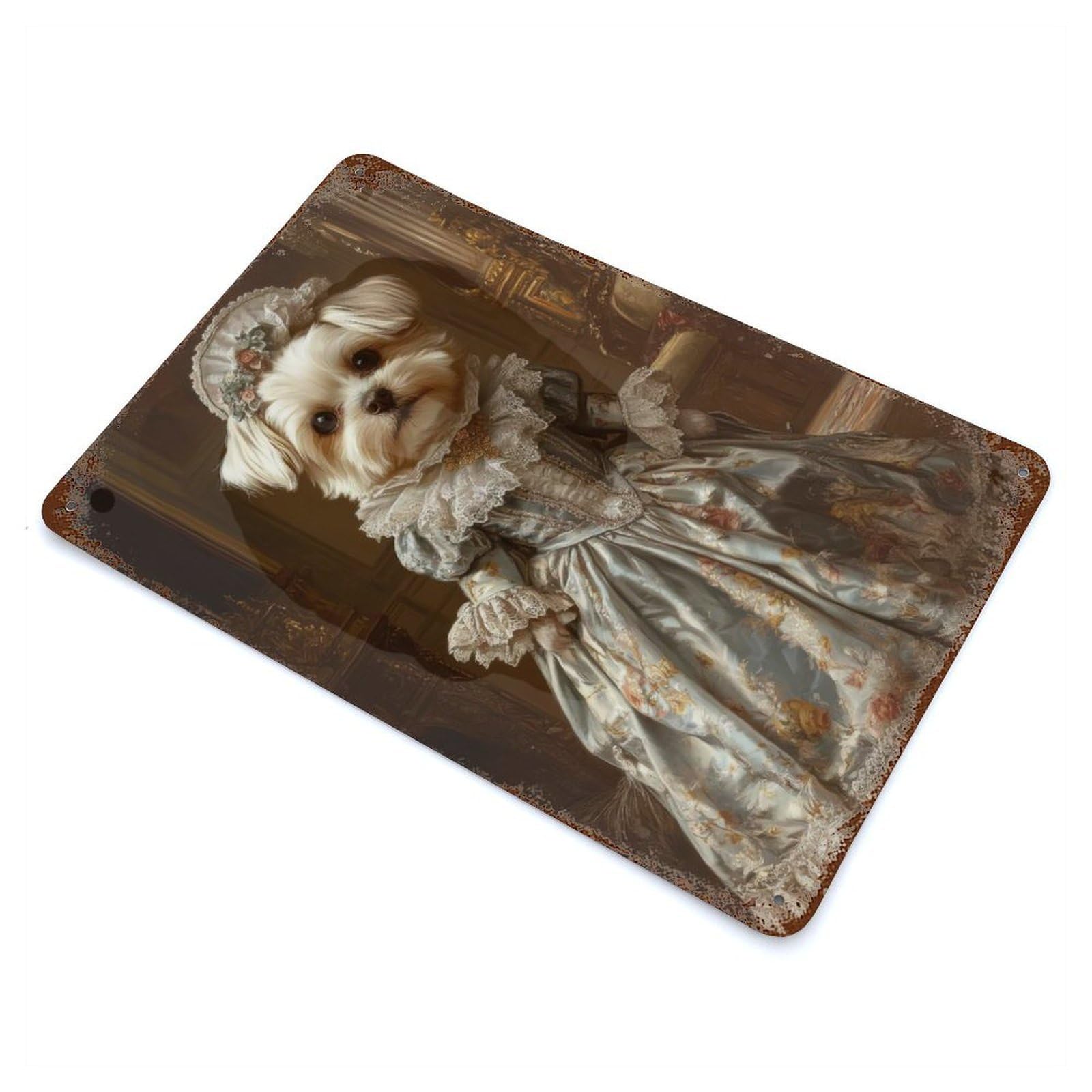 Garage Style Maltese Dog in Floral Blue Elegance Victorian Pet Portrait Decor Rust Effect Tin Sign 11.8"x7.9", Vintage Wall Decor for Bar And Workshop