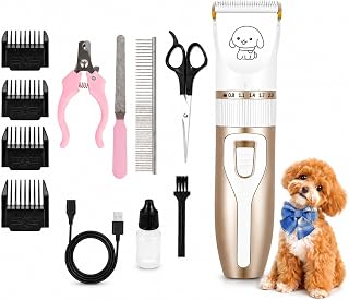 Dog Grooming Clippers Kit, Cordless Pet Hair Trimmer with 4 Guide Combs, Scissors, Steel Comb, Nail Clipper and Nail File, Low Noise Rechargeable Pet Clippers for Dogs Cats Small Pets, Champagne Gold
