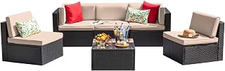 Devoko 6-Piece Beige Rattan Wicker Outdoor Patio Conversation Set - Sectional Sofa with Cushions & Glass Table