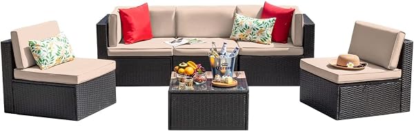 Devoko Patio Furniture Sets 6 Pieces Outdoor Sectional Rattan Sofa Manual Weaving Wicker Patio Conversation Set with Gla