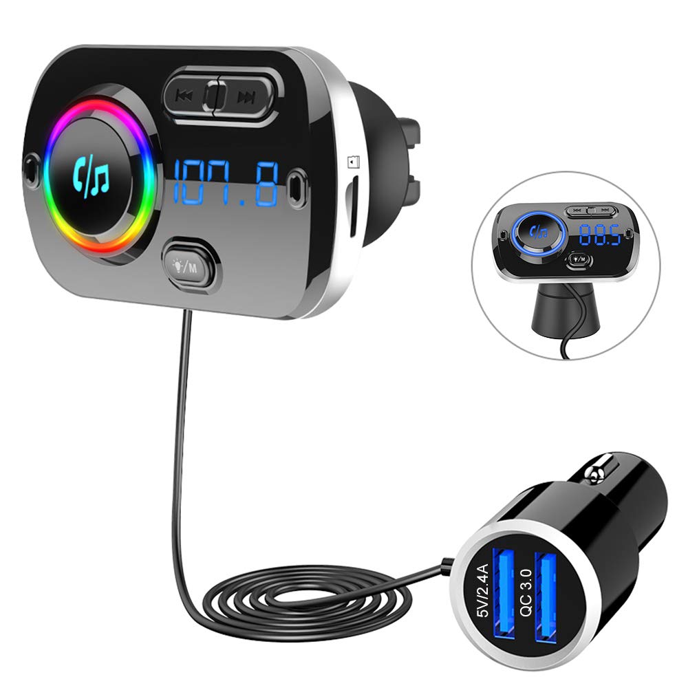 SONRU Newest FM Transmitter Bluetooth 5.0, Bluetooth Car Radio Transmitter Handsfree Car Kit QC3.0 USB Car Charger, Support TF Card AUX Input, Crystal Sound, Color Light, 1.1M Cable, 2 Install Ways