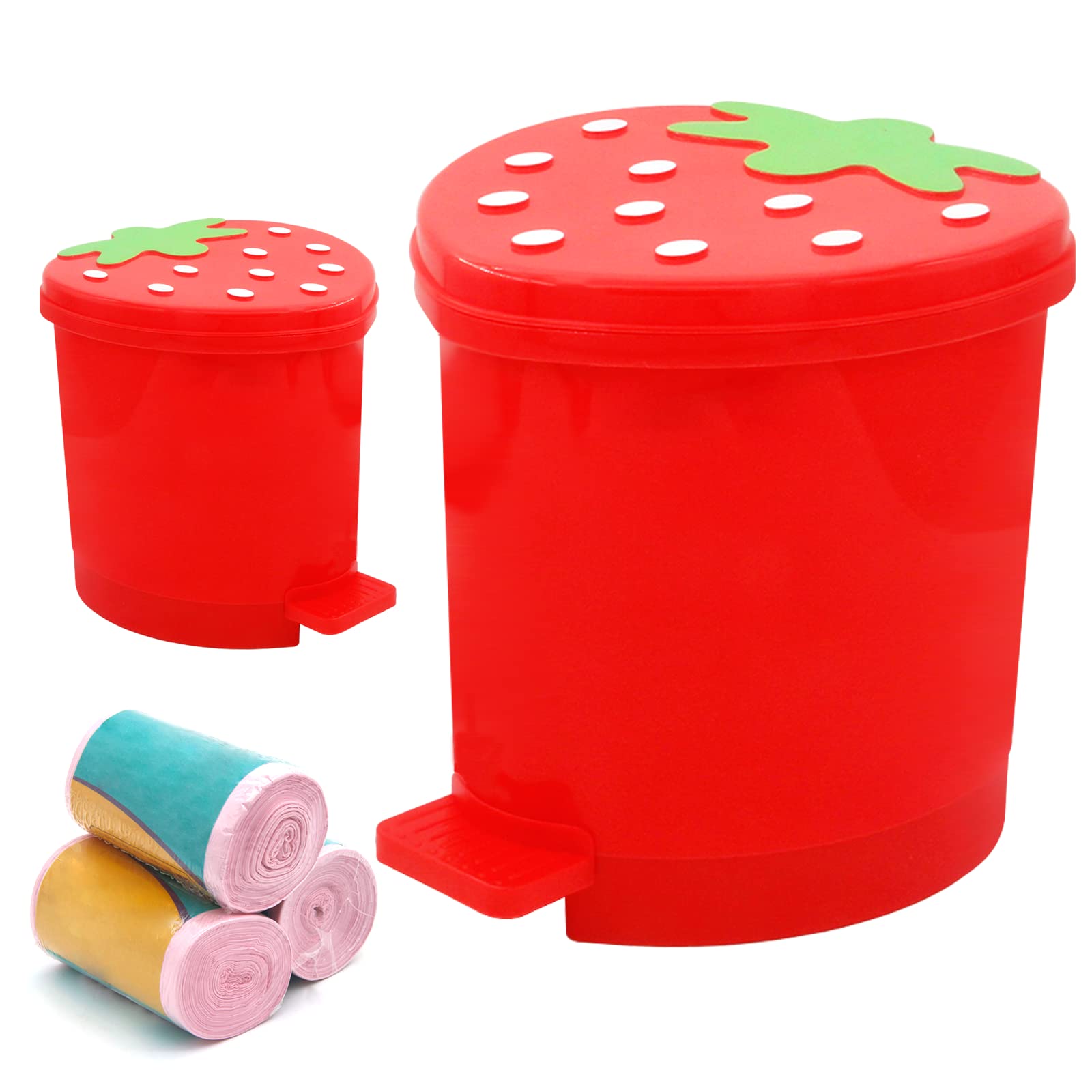 2 Sizes Cute Red Strawberry Trash Can with Swing Lid for Desk Countertop Car Office Kitchen Bathroom, Plastic Garbage Can(Mini & Large Sizes)