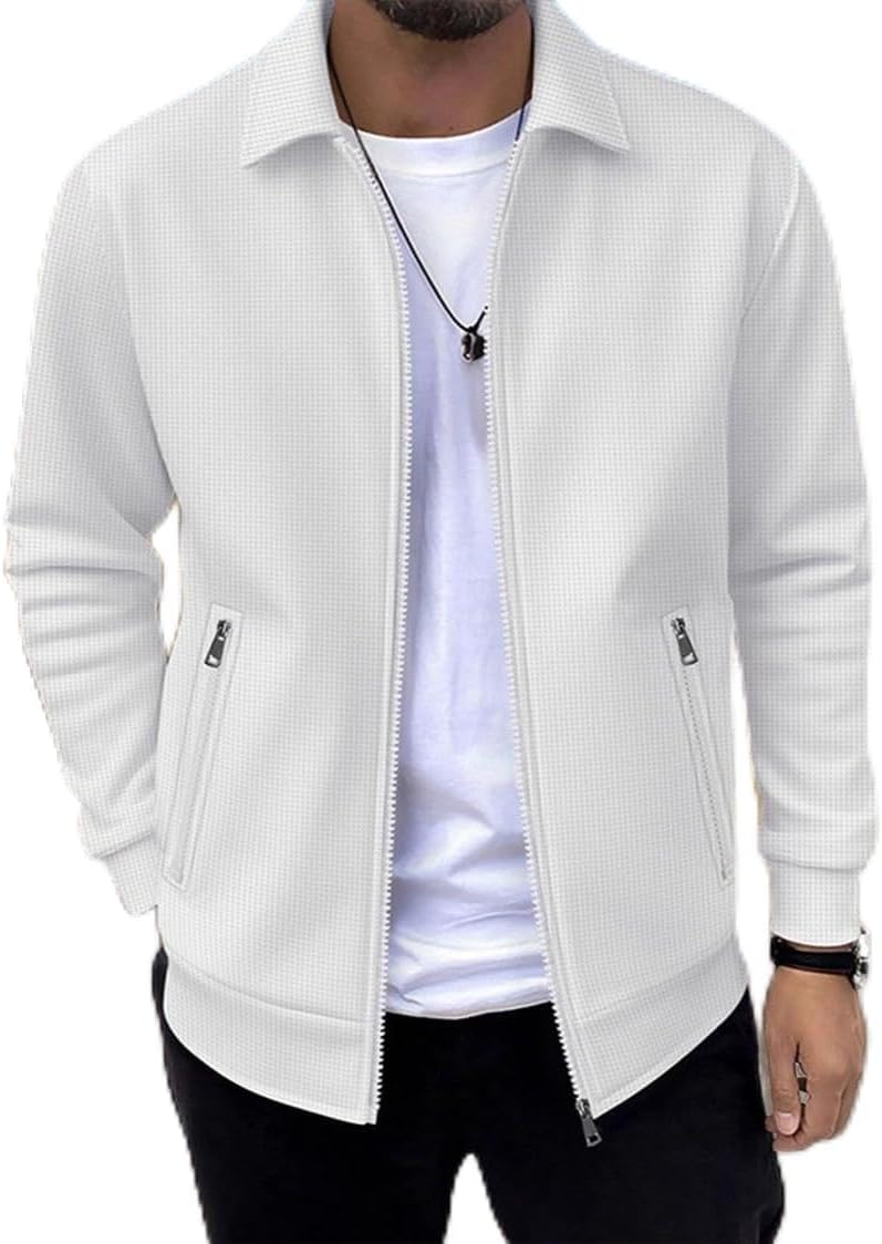 Jaqueta masculina primavera outono com zíper – casaco casual slim fit com gola e bolsos laterais para uso diário e relaxado