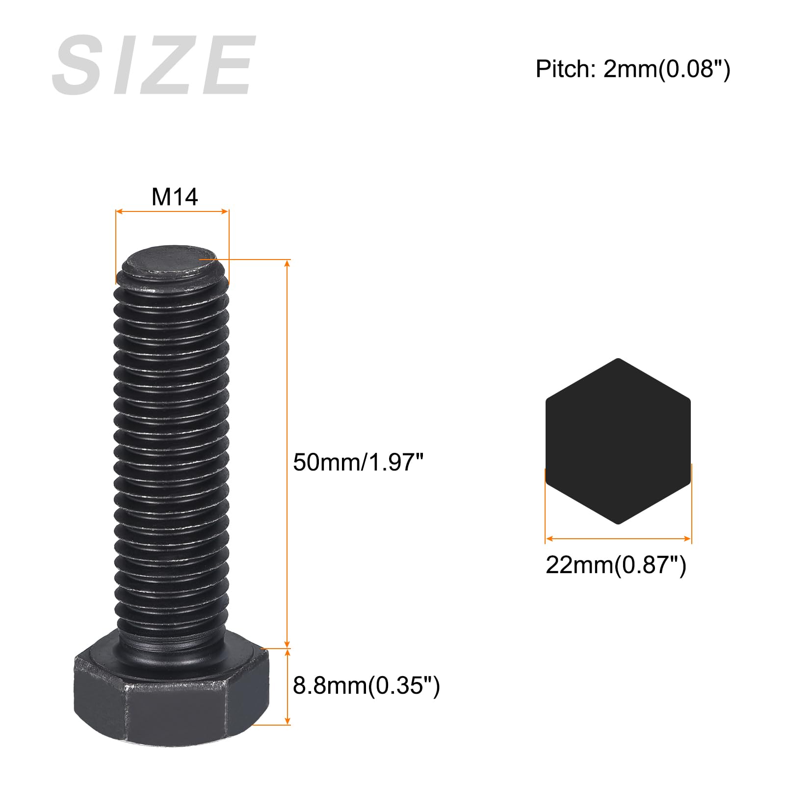 METALLIXITY Hex Bolts (M14-2x50mm) 3Pcs, 8.8 Grade Carbon Steel Fully Threaded Black Oxide - Image 2