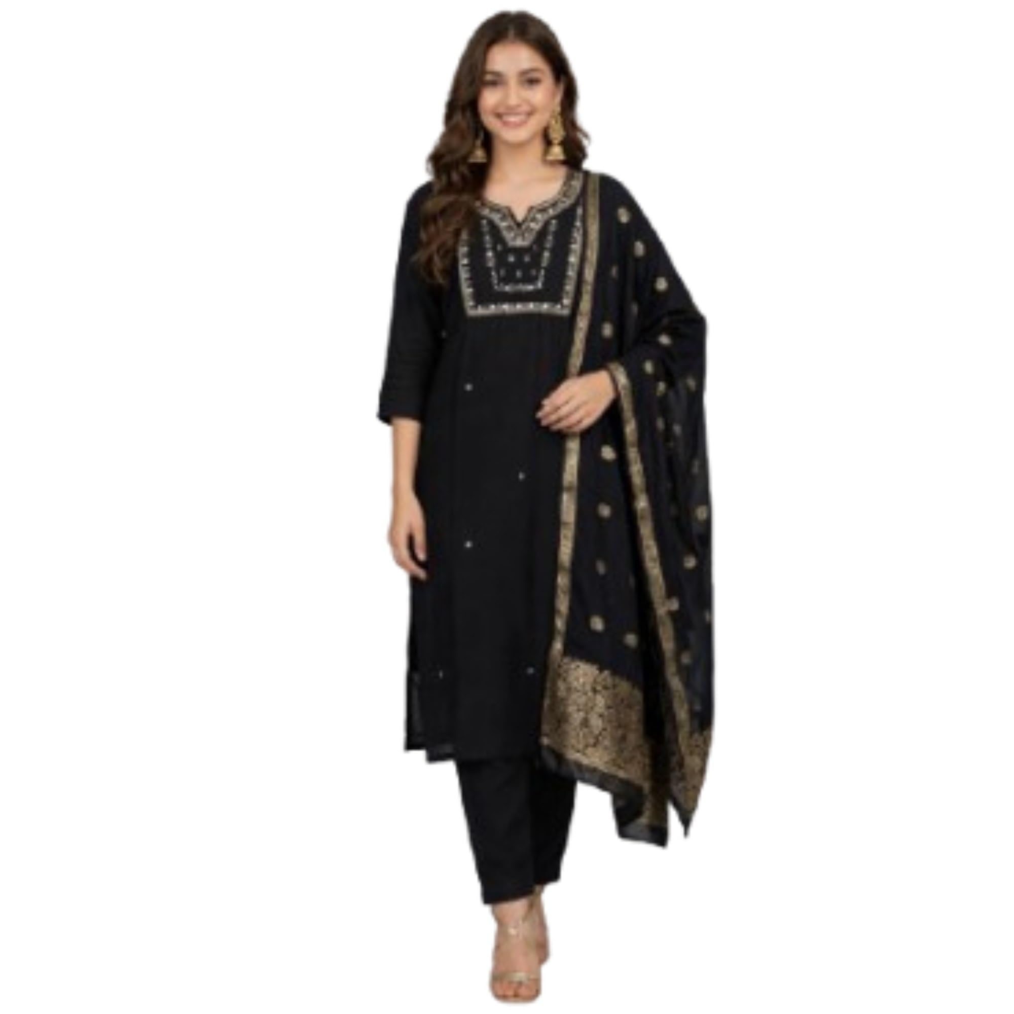 Blizzy Women's Black Embroidered Kurta Pant with Banarasi Dupatta-image-16