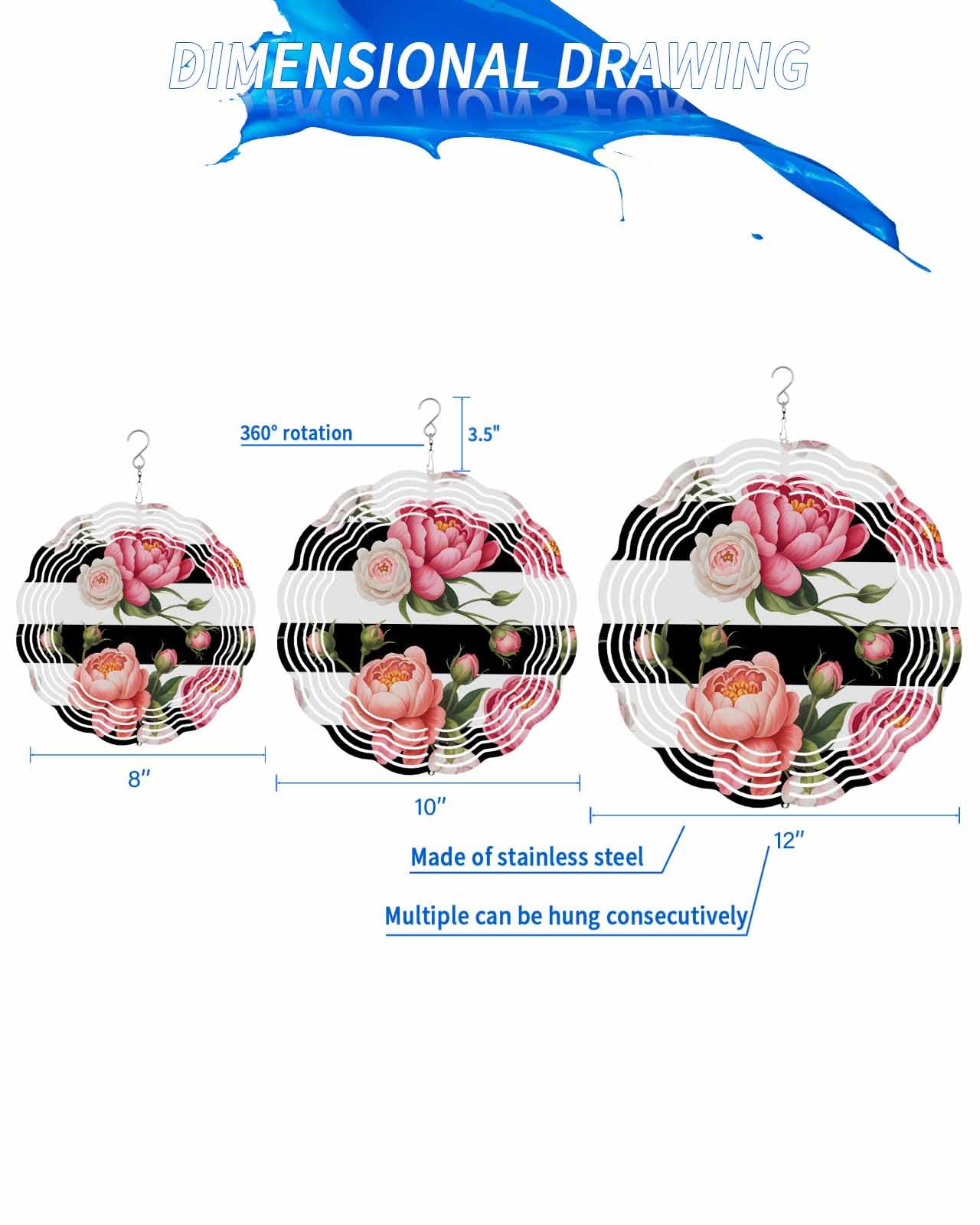 Floral Wind Spinners, Peony Black and White Stripes Hanging Wind Spinners for Yard and Garden 3D Stainless Steel Metal Sculptures Crafts Ornaments 12 Inch