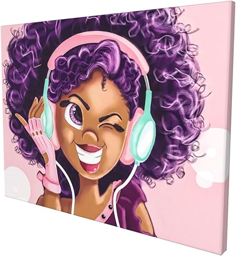 Lienzo decorativo para pared de niña afroamericana, diseño de niña negra, amor, música, cabello morado mágico, póster artístico, decoración de pared