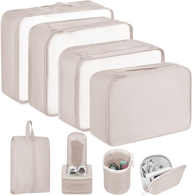 Amazon Brand - Umi Packing Cubes, 8PCS Packing Cubes for Suitcases, Travel Organiser Set for Clothes Shoes, Suitcase Organiser Bags, Travel Essentials Compression Packing Cubes for Travel (Beige)