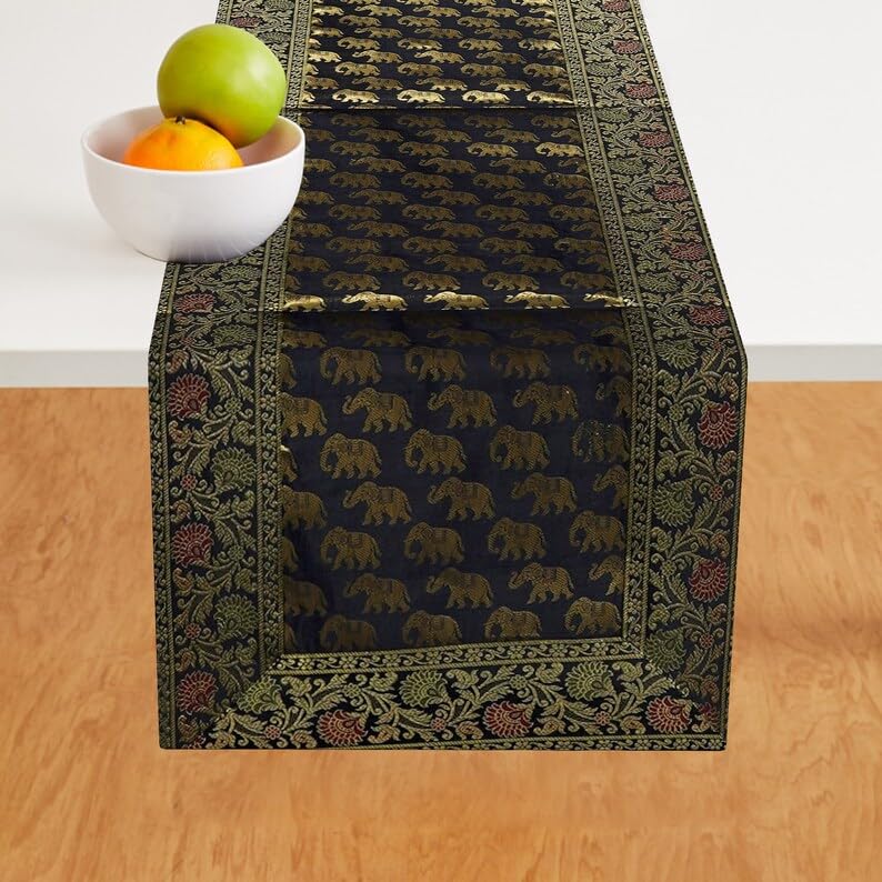 Image of Living Room Decor Handmade Banarasi Silk Table Runner for Center /Dining Table (16 x 60 Inches) (Heavy Zari Brocade ) (Black)
