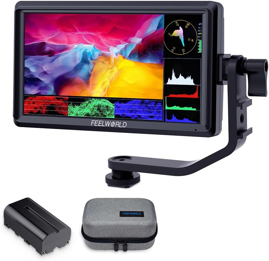 FEELWORLD S55 V3 6 inch Camera DSLR Field Monitor with F550 Battry 2200mAh and Case, Small Full HD 1920×1080 IPS LUT Video Peaking Focus Assist with 4K HDMI 8.4V DC Input Output Include Tilt Arm