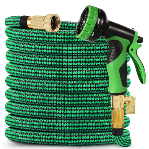 100 ft Expandable Garden Hose - 2025 Reinforced No Kink Retractable Water Hose 100ft with 10 Pattern Spray Nozzle, Solid Brass Fittings, Strong Expanding Latex Tube - Super Lightweight & Flexible