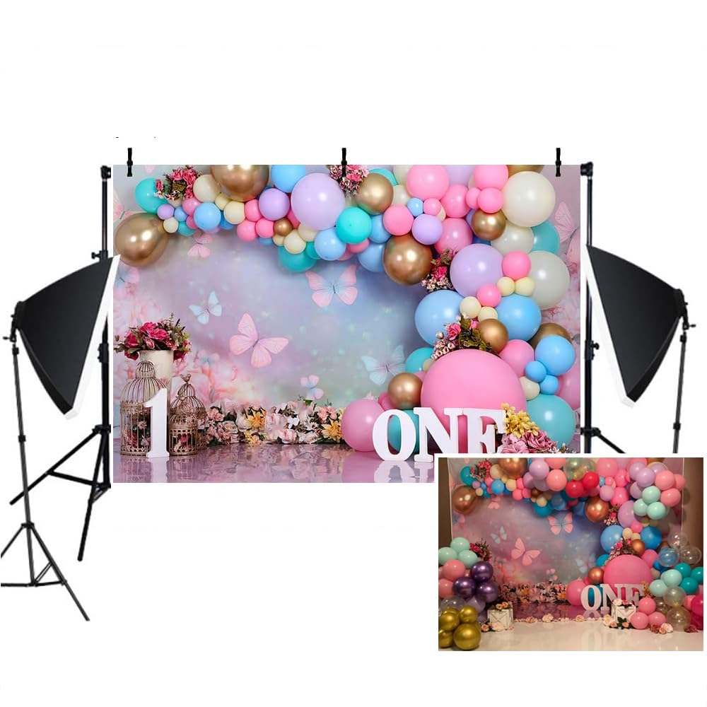 Wonderland Flowers Butterfly Balloons Backdrop For Girl 1st One Year Old First Birthday Cake Smash Decor Backdrop Photo Studio Photography Background | IE - View #10