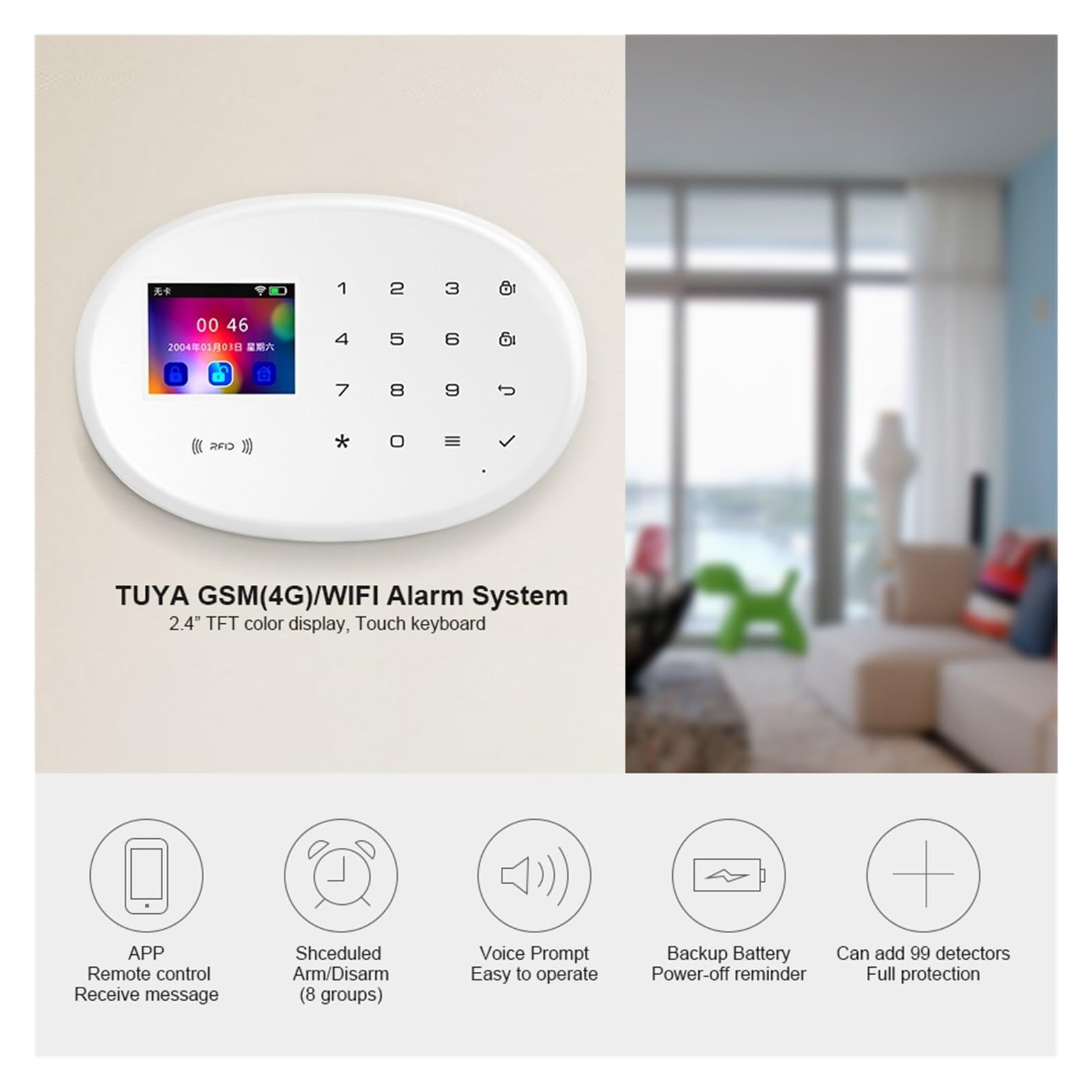 W204 4G WiFi GSM Tuya APP Protection De Sécurité À Domicile Intelligente 8 Langues Paquet D'alarme Antivol Alarme Centrale 2.4 Pouces