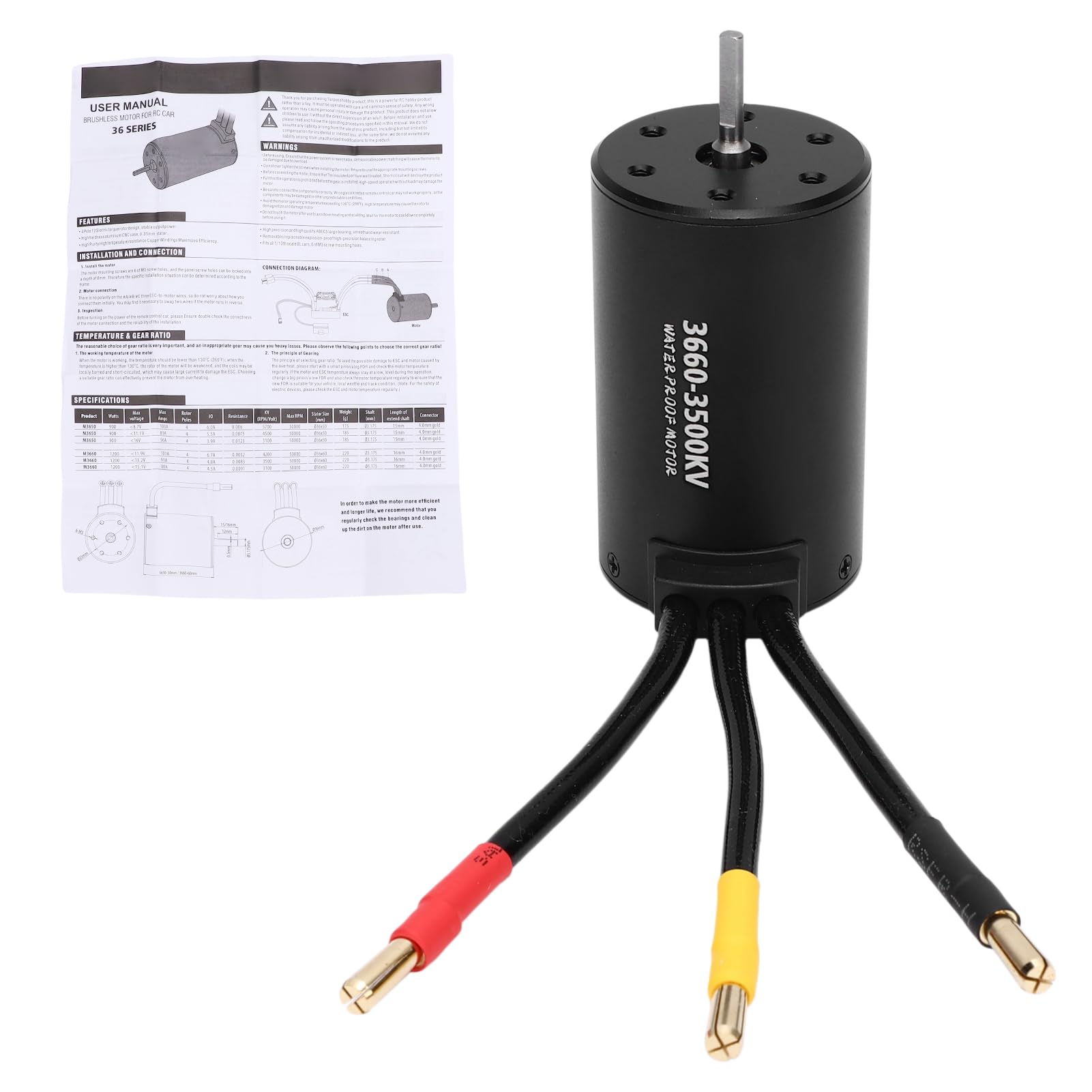 Luocute M3660 3100KV 3500KV 4200KV Bürstenloser Motor, 4-poliger 12-Schlitz-Motor aus CNC-Aluminiumlegierung mit Drehmoment für RC-Autos und Boote Im Maßstab 1:10 (3500KV)