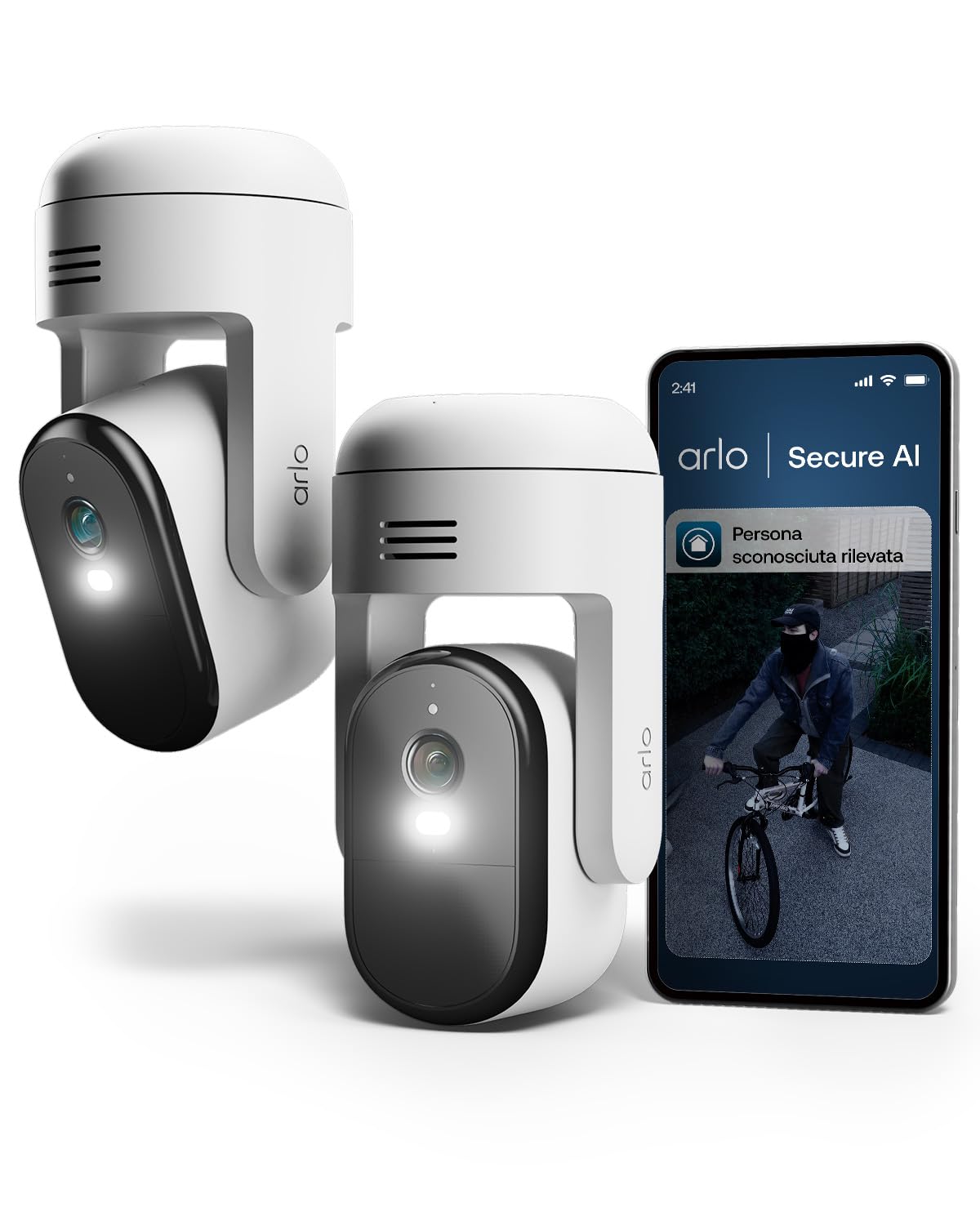 Arlo Essential 3 Telecamera HD 360º Pan-Tilt-Zoom WiFi Esterno Senza Fili, Sirena Allarme Casa, Sensore Di Movimento, Visione Notturna A Colori, Prova Inclusa Secure, 2 Telecamere, Bianche