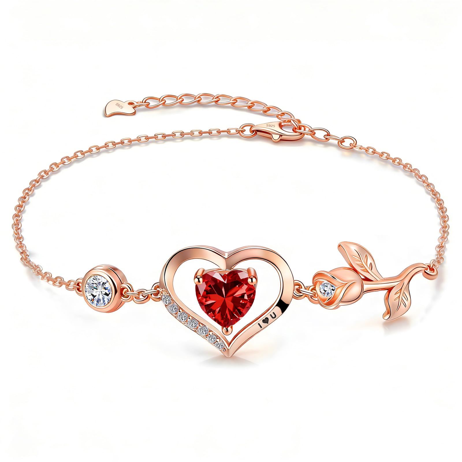 1CT Rose Heart Birthstone Bracelet for Women Love Gift