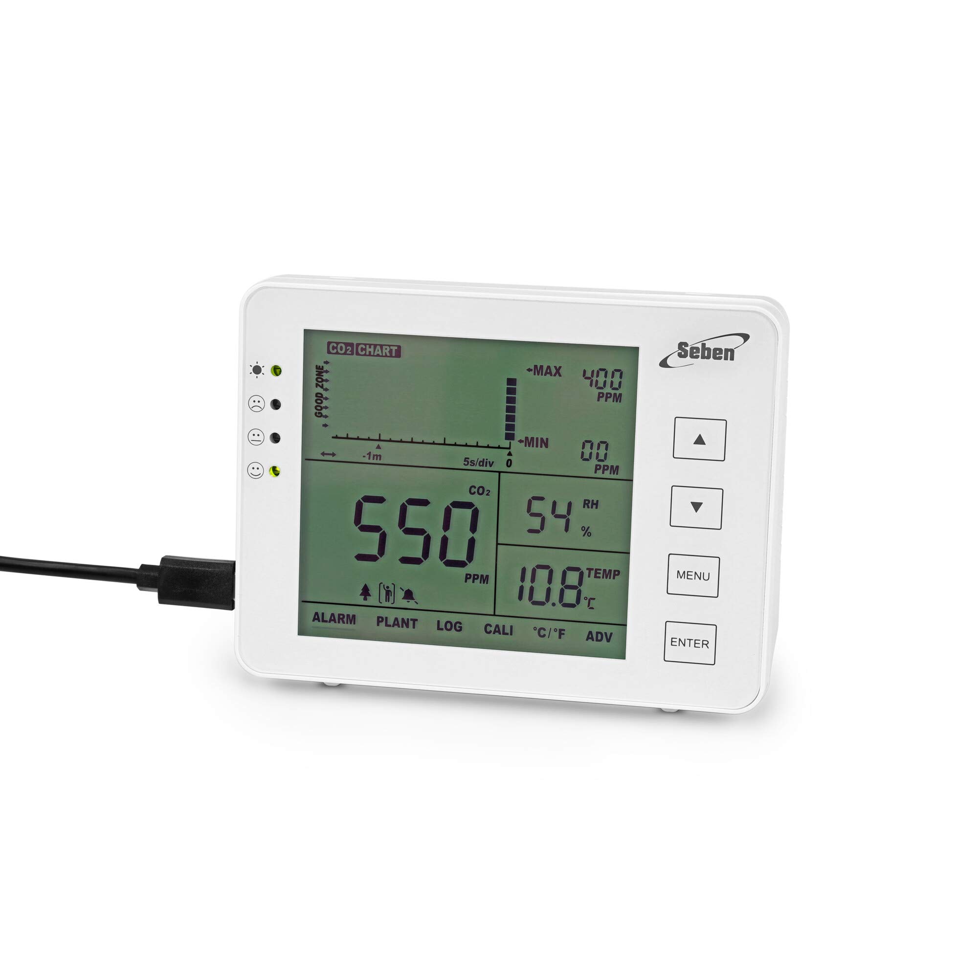 Seben 1200P W Compteur et moniteur de CO2 avec feu de circulation, alarme acoustique, enregistreur de données pour la mesure de la qualité de l'air
